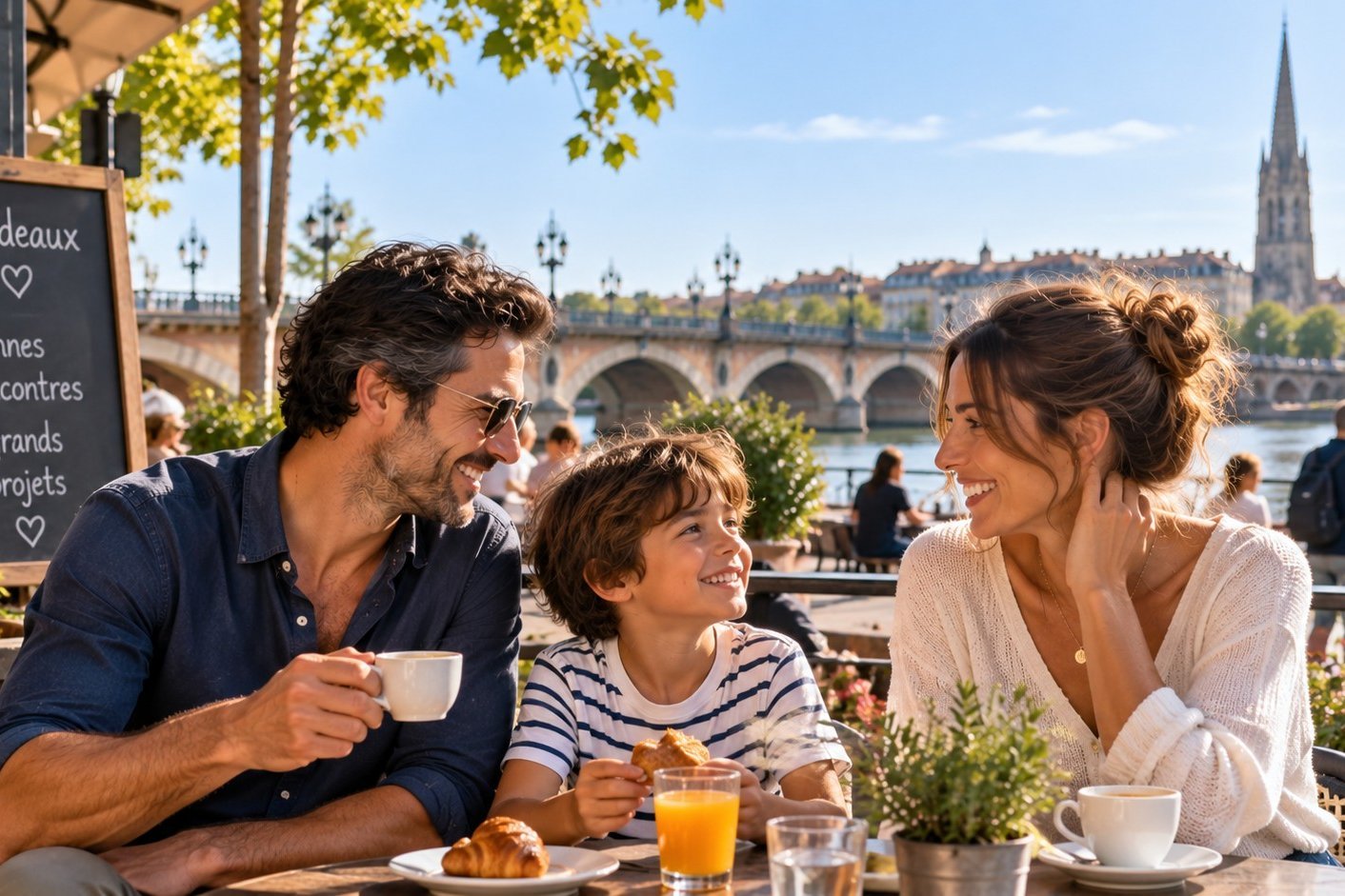 Parents solos avec un enfant lors d’une rencontre en terrasse à Bordeaux