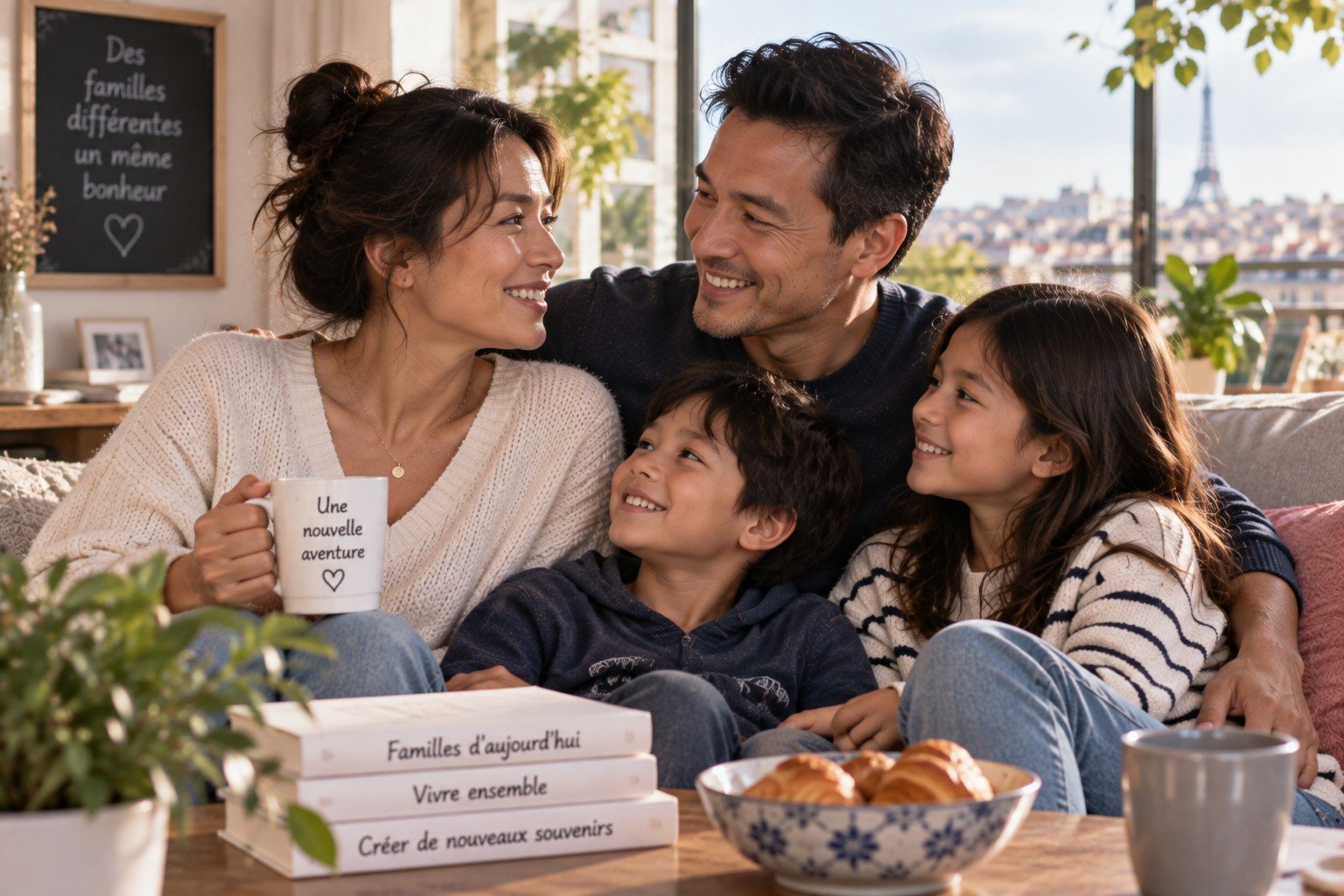 Famille recomposée avec deux enfants construisant de nouveaux repères et une nouvelle vie familiale à Paris