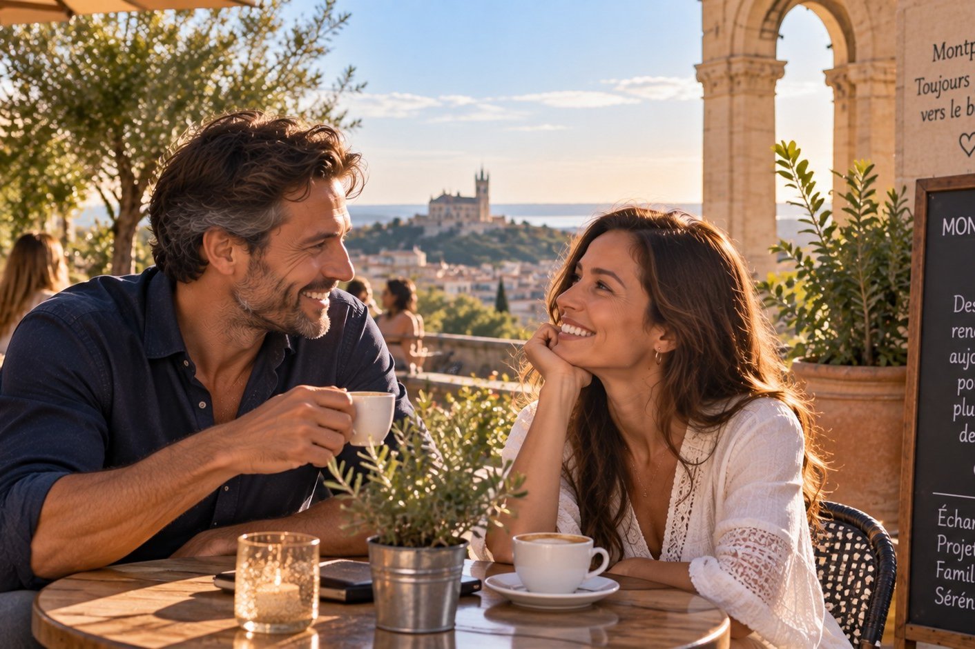 Rencontre entre parents célibataires autour d’un café en terrasse à Montpellier