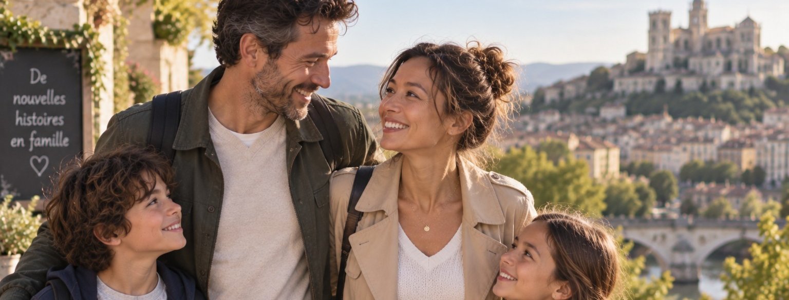 Famille recomposée avec deux enfants construisant progressivement une nouvelle histoire ensemble en France