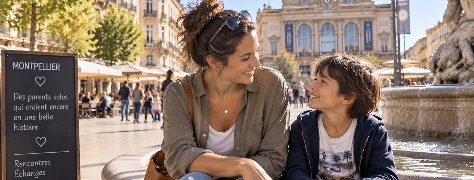 Parent solo avec son enfant sur la place de la Comédie à Montpellier