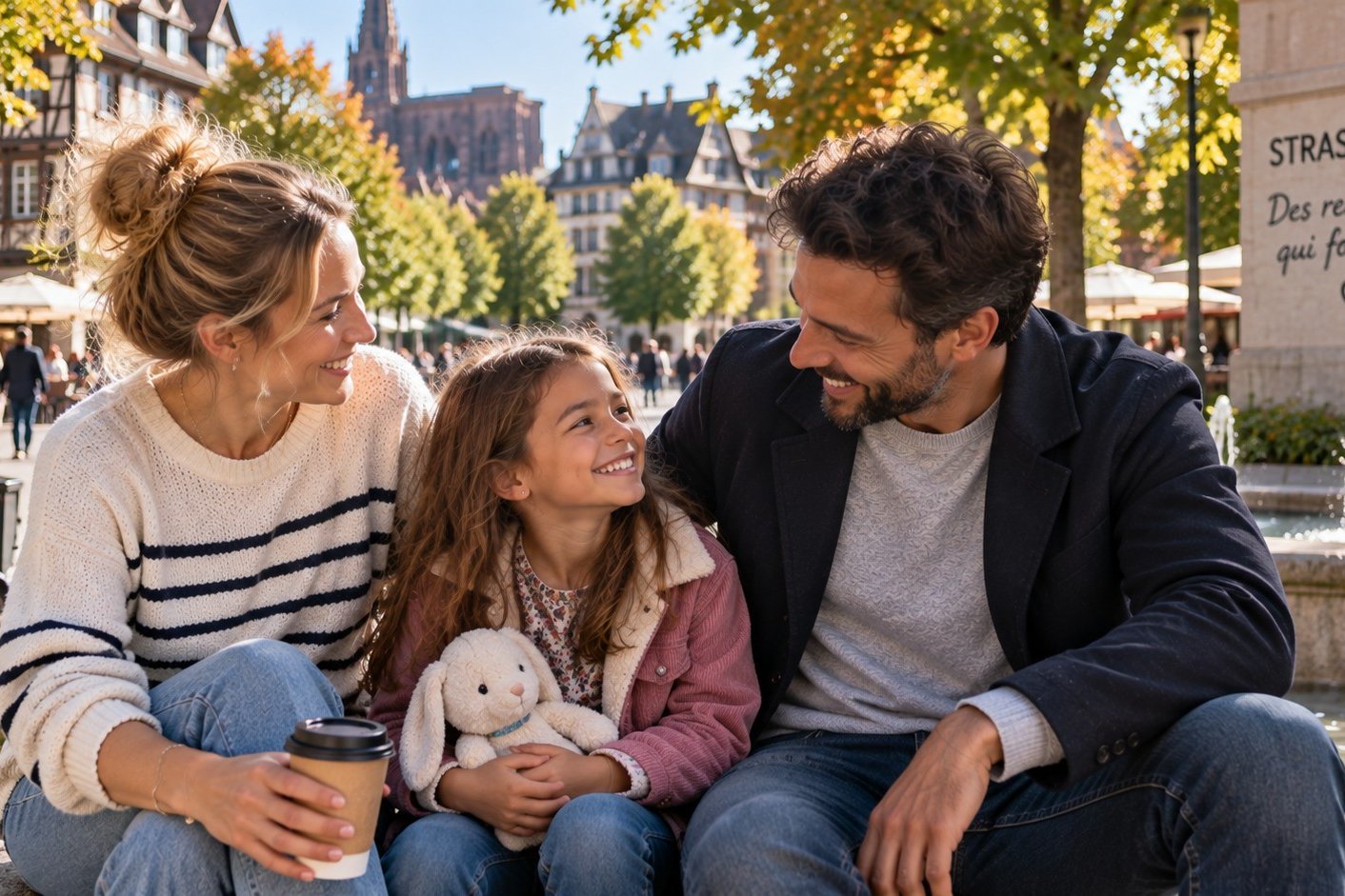 Parents solos avec un enfant lors d’une rencontre dans le centre historique de Strasbourg