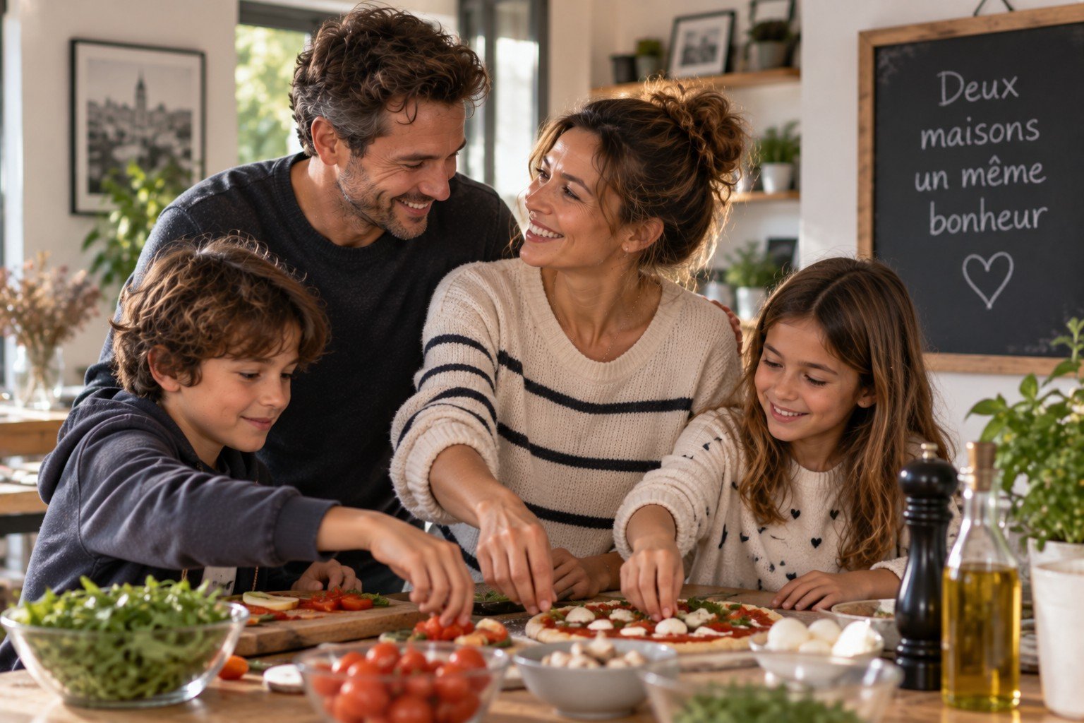 Famille recomposée partageant un moment du quotidien avec les enfants dans leur nouvelle organisation familiale en France