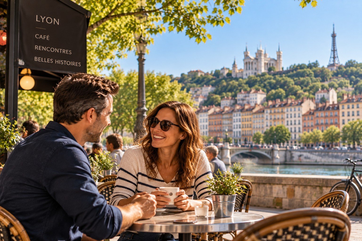 Rencontre entre parents solos à la terrasse d’un café à Lyon avec vue sur Fourvière