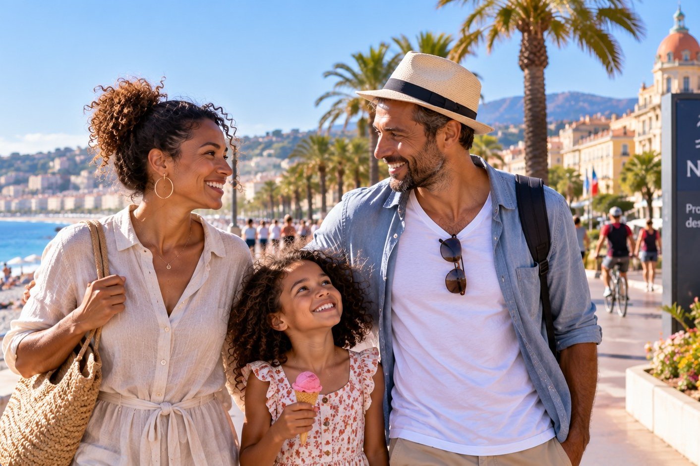 Parents solos avec un enfant lors d’une rencontre sur la Promenade des Anglais à Nice