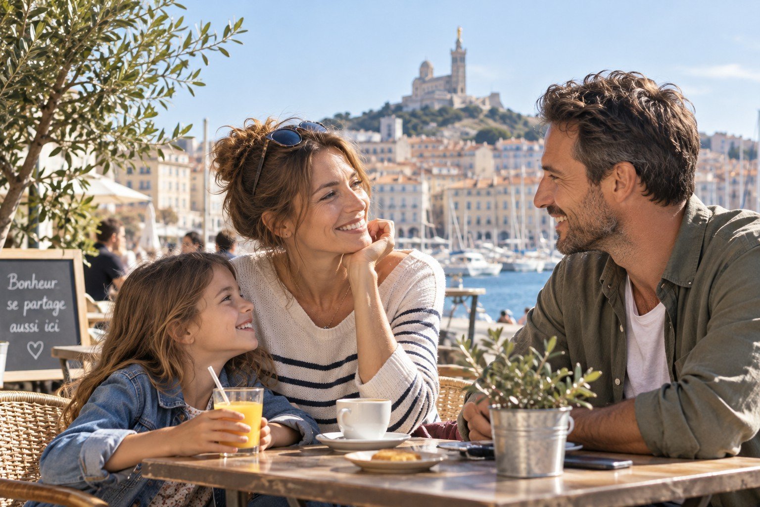 Une maman célibataire, un homme et une enfant partagent un moment convivial à la terrasse d'un café sur le Vieux-Port de Marseille.