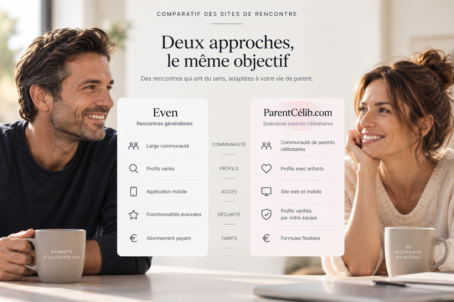 Comparatif Even et ParentCélib.com : un homme et une femme souriants illustrant les différences entre deux plateformes de rencontre pour parents célibataires, notamment les profils, les fonctionnalités et la sécurité.