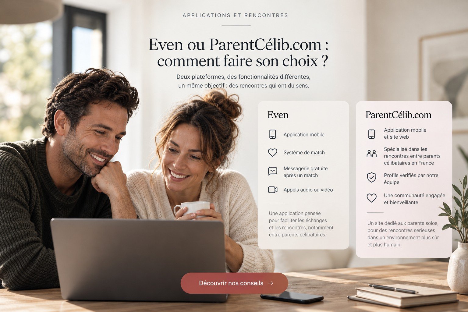 Comparatif Even et ParentCélib.com : un homme et une femme consultent un ordinateur présentant les fonctionnalités de deux plateformes de rencontre pour parents célibataires.