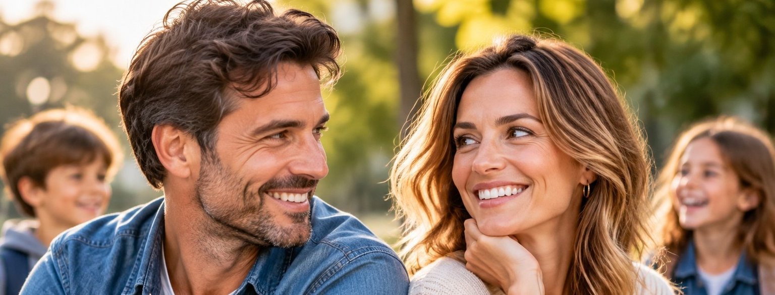 Couple souriant avec des enfants en arrière-plan, illustrant les rencontres entre parents célibataires et le comparatif Parents-Solos.com et ParentCélib.com.
