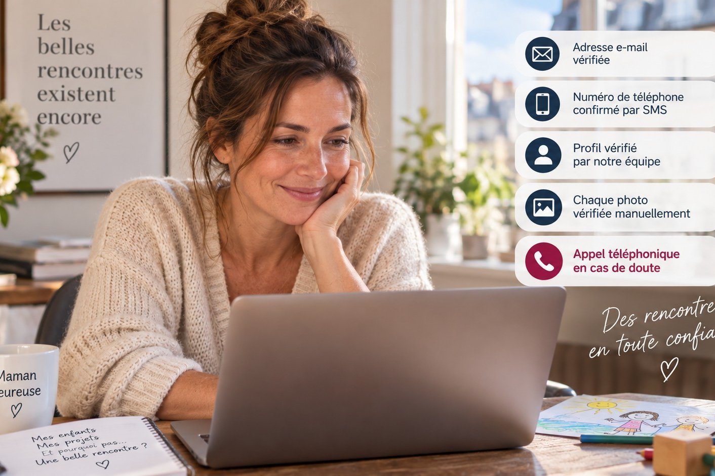 Maman solo devant son ordinateur, illustration des contrôles de sécurité de ParentCélib.com : e-mail, SMS, vérification humaine des profils et appel téléphonique en cas de doute.
