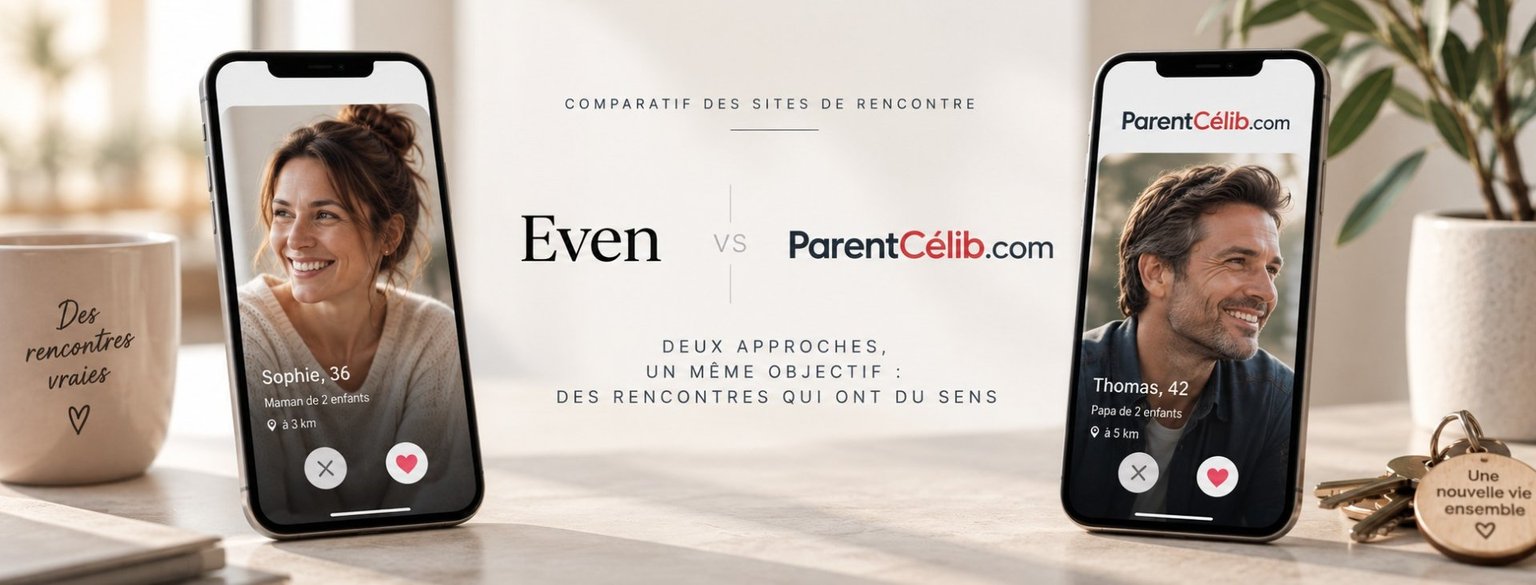 Comparatif Even et ParentCélib.com : un homme et une femme souriants illustrant deux services de rencontre pour parents célibataires.