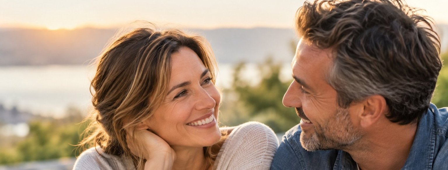 Couple souriant au coucher du soleil illustrant les rencontres entre parents célibataires et le comparatif Meetic vs ParentCélib.com.